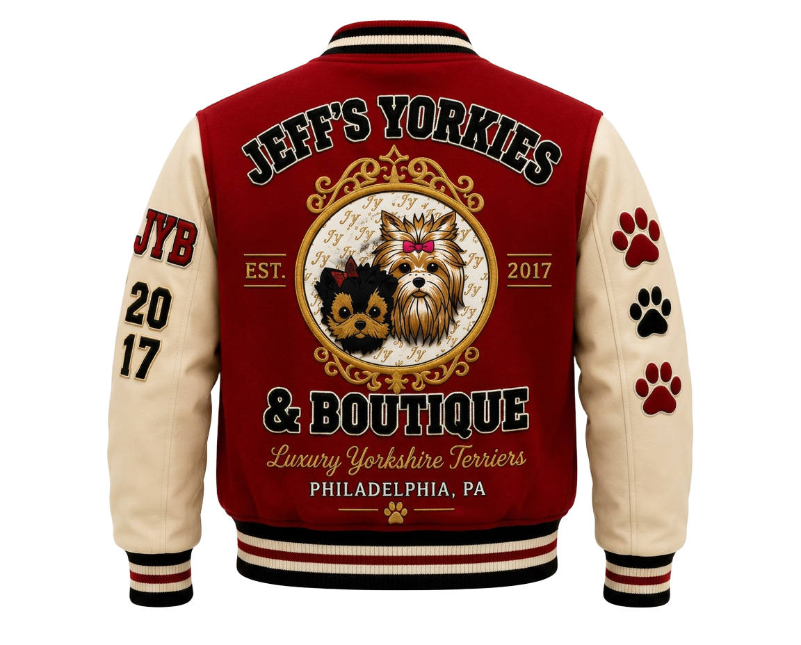 Crimson Legacy varsity jacket, back view