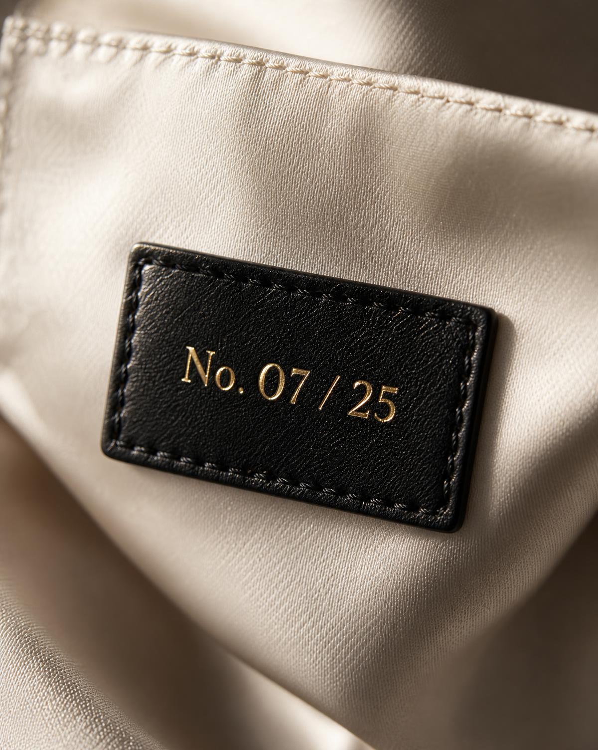 Gold-stamped numbered authenticity tag